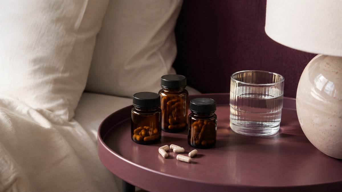 Three amber supplement bottles and capsules beside a glass of water.