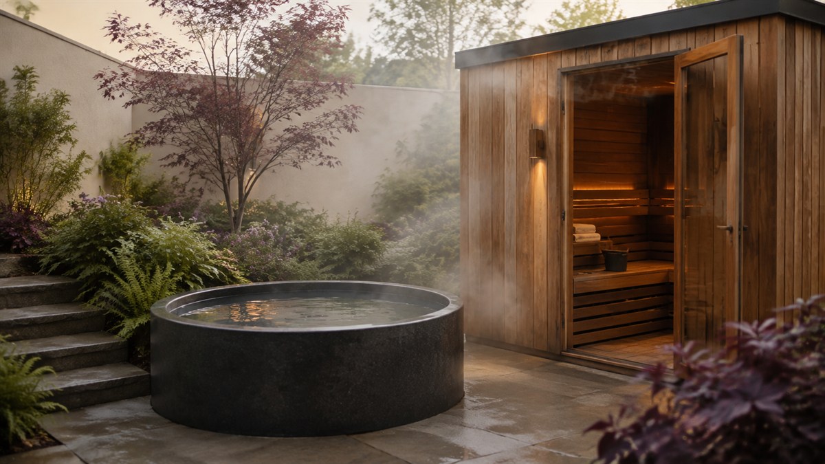 A cedar sauna and outdoor plunge tub in a quiet courtyard.