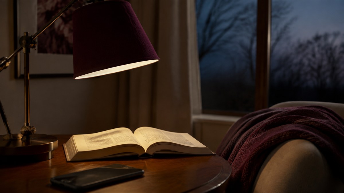 A warm reading lamp lights an open book beside a dusky window.