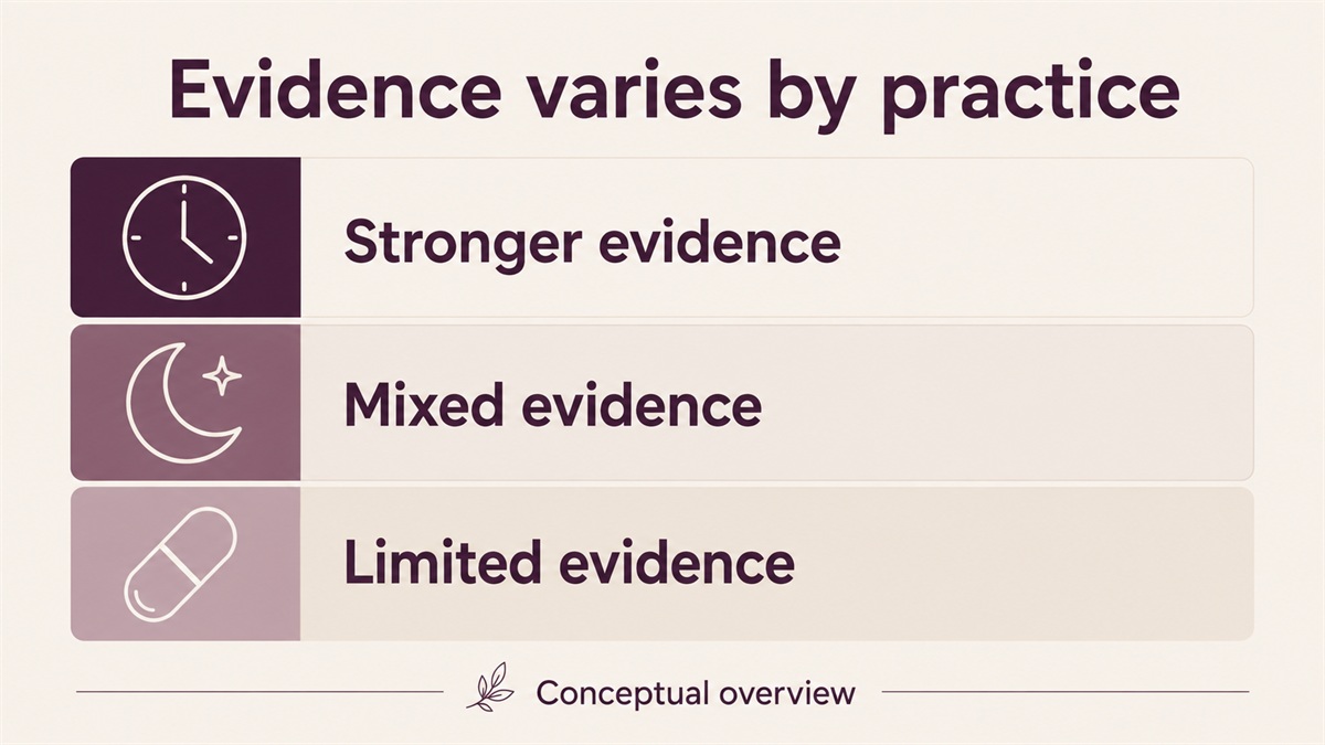 Conceptual overview separating stronger, mixed and limited evidence.