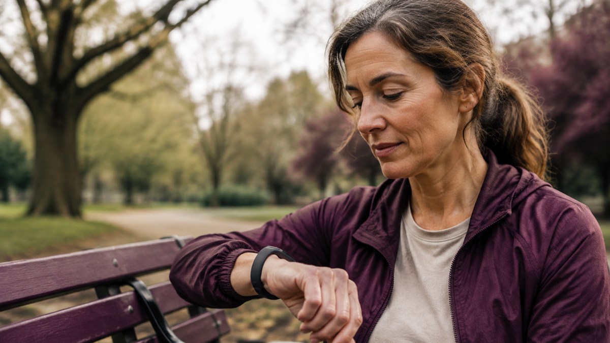 A woman checks her wrist tracker while resting in a park.