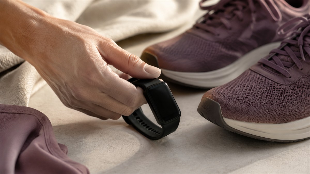 A hand places a fitness watch beside running shoes.