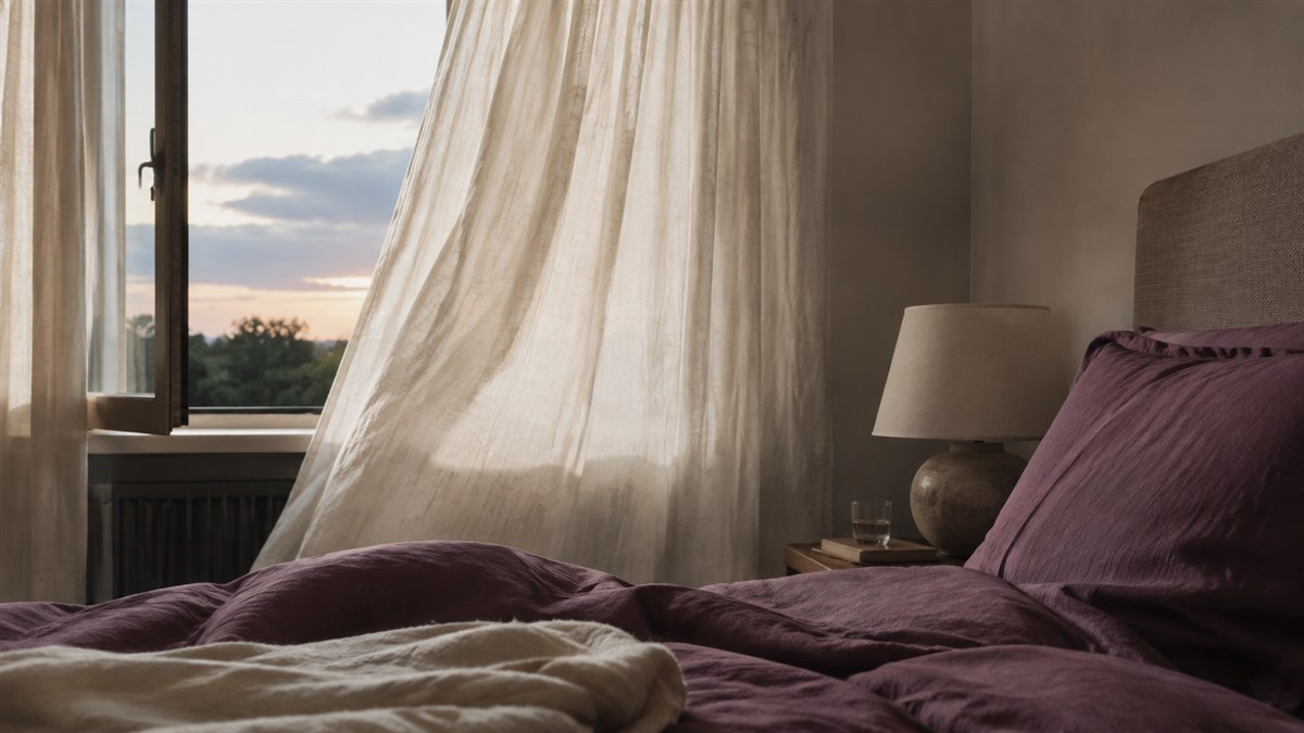 A light curtain billows through an open bedroom window.