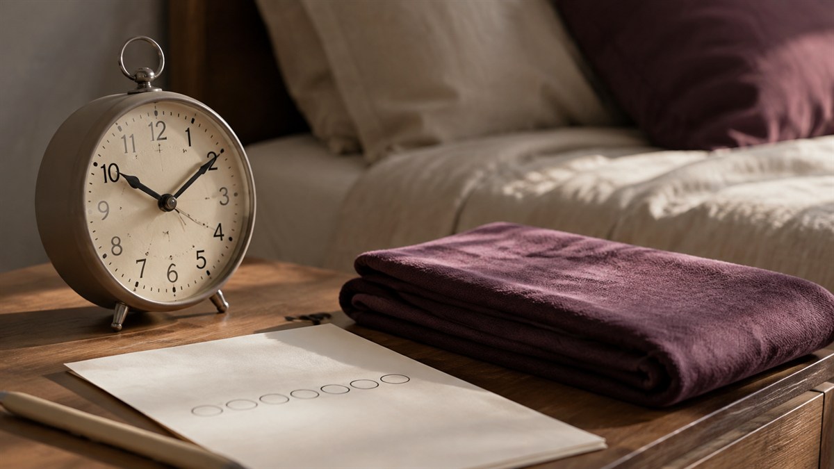 A bedside clock beside folded plum linen and a simple weekly calendar.