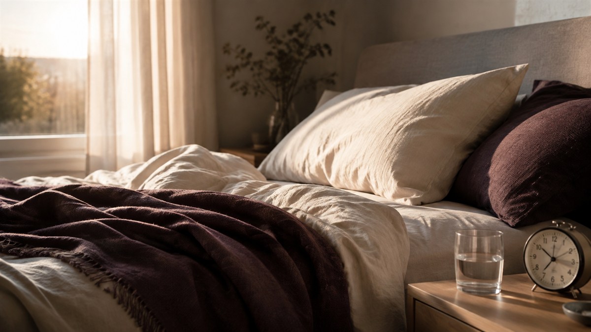 Sunlit linen bed with a plum throw, water glass and bedside clock.